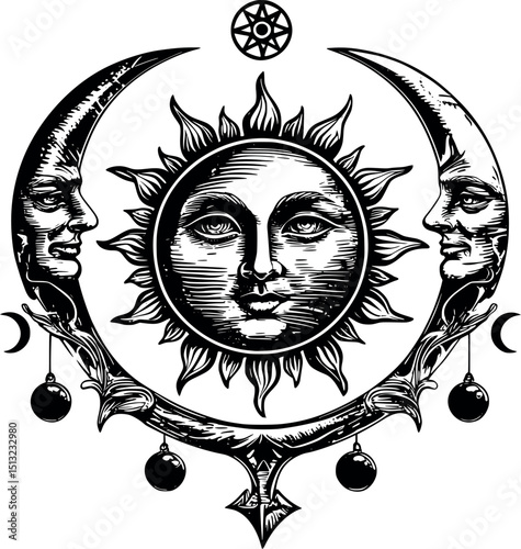 Alchemy symbol vector. Antique engraving of celestial motif with gothic tones.
