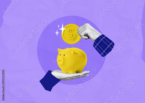Yellow piggy bank and coin with hands on purple background, saving money concept.