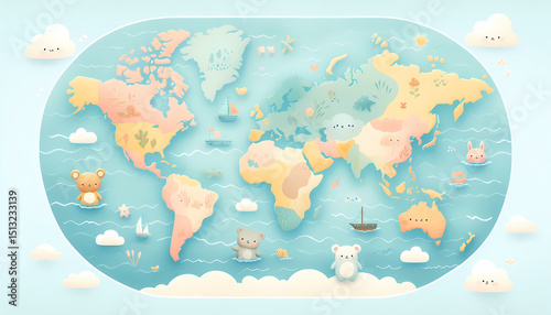 Fototapeta Naklejka Na Ścianę i Meble -  A fun and educational watercolor world map for children featuring continents painted in soft colors and cute watercolor animals. Generative AI