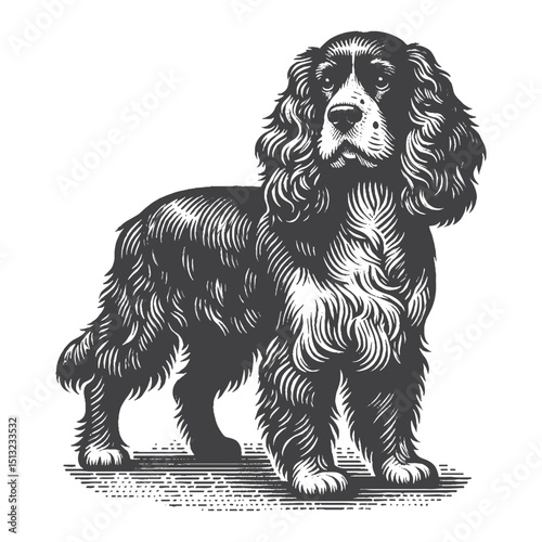 Vintage Hand-Drawn Cocker Spaniel Standing Illustration – Classic Engraved Style Vector For T-Shirts Posters Stickers And Pet Lovers Apparel