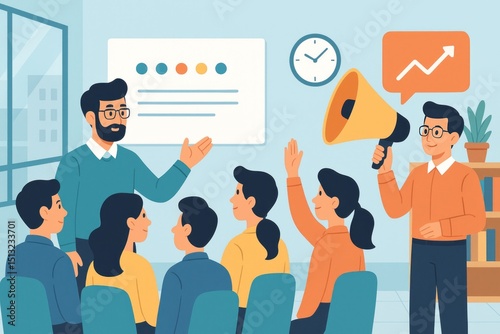 Business Meeting Presentation Team Collaboration Illustration Modern Flat Design Successful Teamwork Project Planning Strategy Session Office Workers Group Discussion Innovative Ideas Brainstorming   