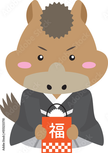福袋を抱える正座の馬キャラクター｜午年の縁起イラスト（2026年干支）