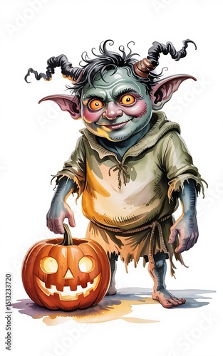 Horned monster with creepy smile carries a glowing Halloween pumpkin, standing against a transparent background