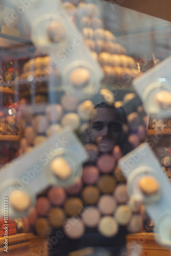 Retrato del reflejo de un chico joven que pasea por París y se refleja en un escaparate de macarrons