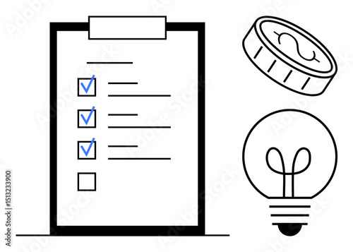 Clipboard checklist with marked tasks, coin symbolizing budget, lightbulb for ideas and innovation. Ideal for productivity, planning, entrepreneurship, efficiency, problem-solving, budget management