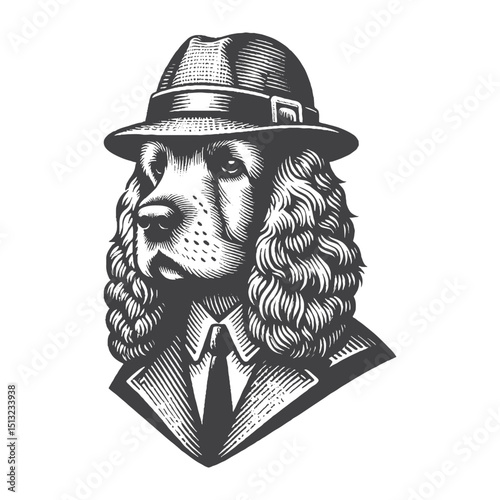 Vintage Hand-Drawn Cocker Spaniel Dressed As Detective Illustration – Mystery Engraved Style Vector For T-Shirts Posters Stickers And Pet Lovers Apparel