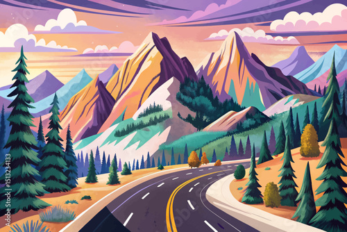 Mountain Road Landscape Illustration cartoon vector background