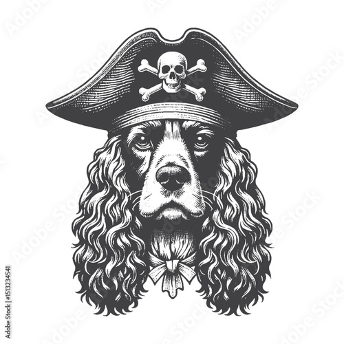 Vintage Hand-Drawn Cocker Spaniel As Pirate Illustration – Adventure Engraved Style Vector For T-Shirts Posters Stickers And Pet Lovers Apparel