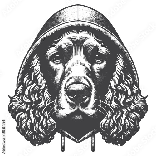 Vintage Hand-Drawn Cocker Spaniel Wearing Hoodie Illustration – Cozy Engraved Style Vector For T-Shirts Posters Stickers And Pet Lovers Apparel