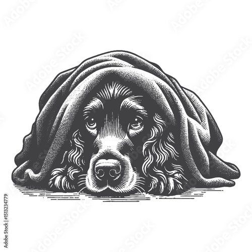 Vintage Hand-Drawn Cocker Spaniel Hiding Under Blanket Illustration – Cozy Engraved Style Vector For T-Shirts Posters Stickers And Pet Lovers Apparel
