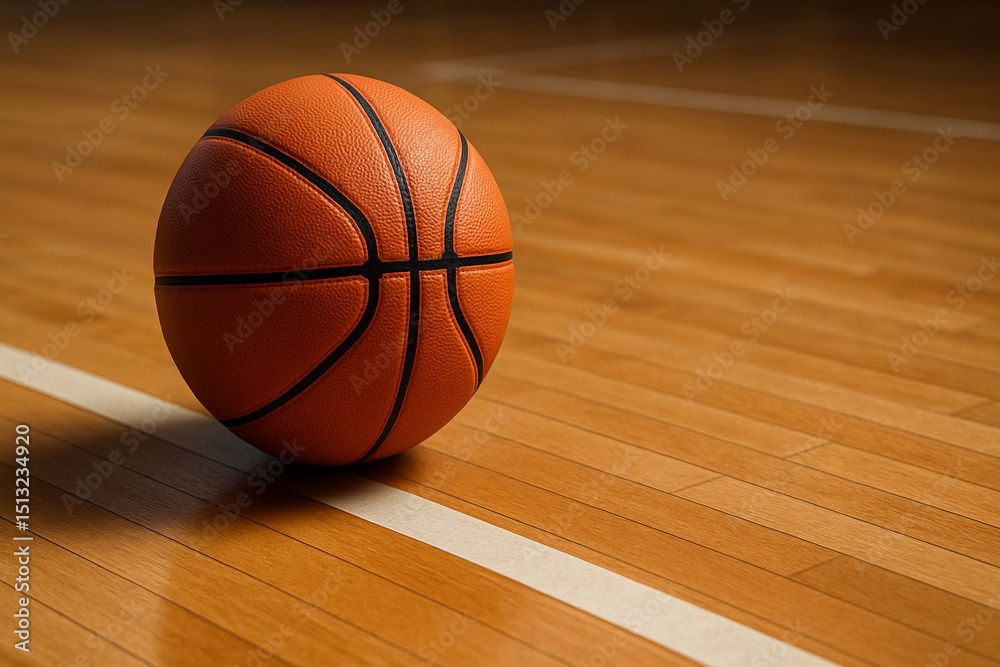 Naklejka premium Basketball on Indoor Wooden Court with Warm Light. An orange basketball resting on a wooden indoor court floor, lit warmly to highlight texture and realism.