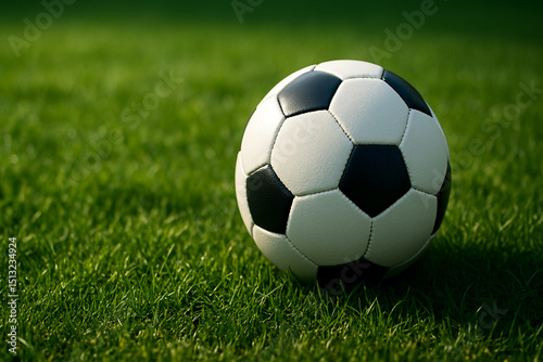 Classic Black and White Soccer Ball on Green Grass Field.
A traditional black and white soccer ball resting on a lush green field, perfect for sports and fitness themes.
