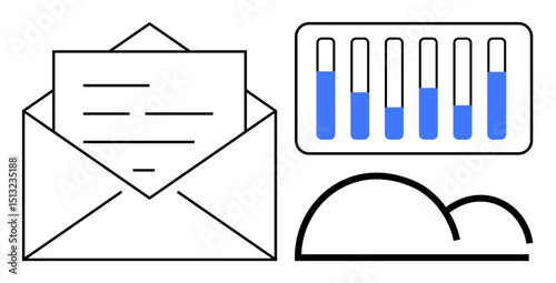 Open envelope with letter, bar graph and cloud icon represent digital communication, data analysis, and online storage. Ideal for email marketing, analytics, technology, cloud services, organization