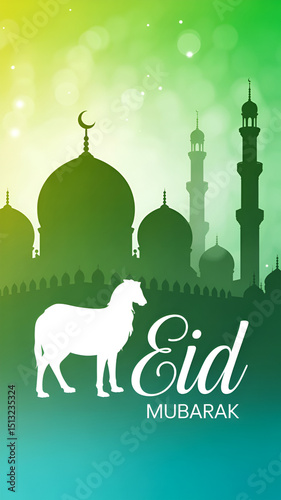 Eid Mubarak Illustration with Mosque Silhouette Sheep and Bokeh Lights on a Green and Blue Gradient Background for Festive Celebrations