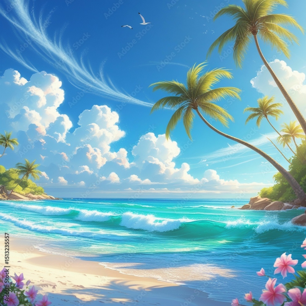 Obraz premium Pristine beach with turquoise waves gently lapping against white sand