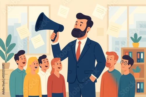 Businessman Leader Motivational Speech Team Meeting Corporate Success Presentation Announcement Modern Flat Illustration Design Vector Graphic Image Professional Teamwork Collaboration Concept Office 