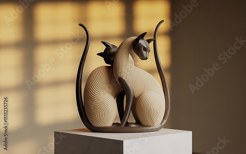 Two stylized wooden cats embrace lovingly while standing upon a white marble pedestal in soft light