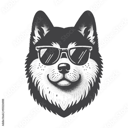 Vintage Hand-Drawn Akita Head With Sunglasses Illustration – Rustic Engraved Style Vector For T-Shirts, Posters, Stickers, And Dog Lover Apparel