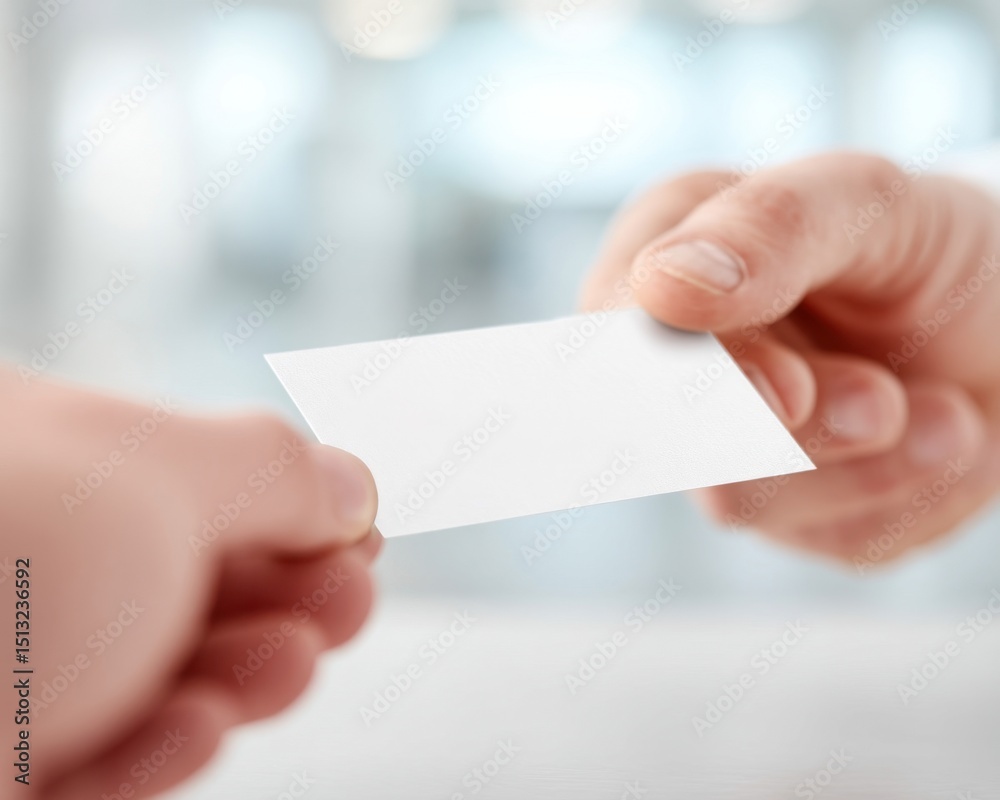 A hand gives a blank business card to another person, symbolizing networking or exchanging contact information. A hand gives a blank business card to another person, symbolizing networking or exchanging contact information.