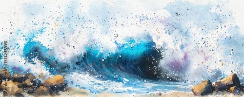 A vibrant watercolor painting depicts crashing ocean waves with splashes of blue and white, rocks in the foreground, and a dynamic, energetic seaside scene.