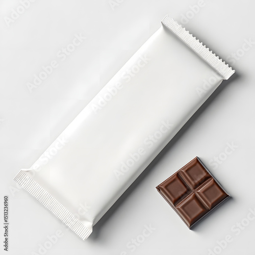 Empty candy bar package mockup with coffee seeds, almonds, cacao and chocolate squares on marble surface, flat lay scene for branding design