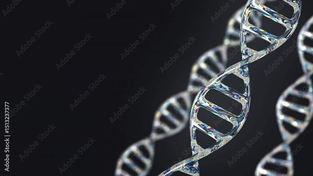Transparent, iridescent DNA double helix. Rotating holographic glass molecular structure, soft focus. Ideal for medical, scientific, biotech. 4K loop 3d rendering animation.
