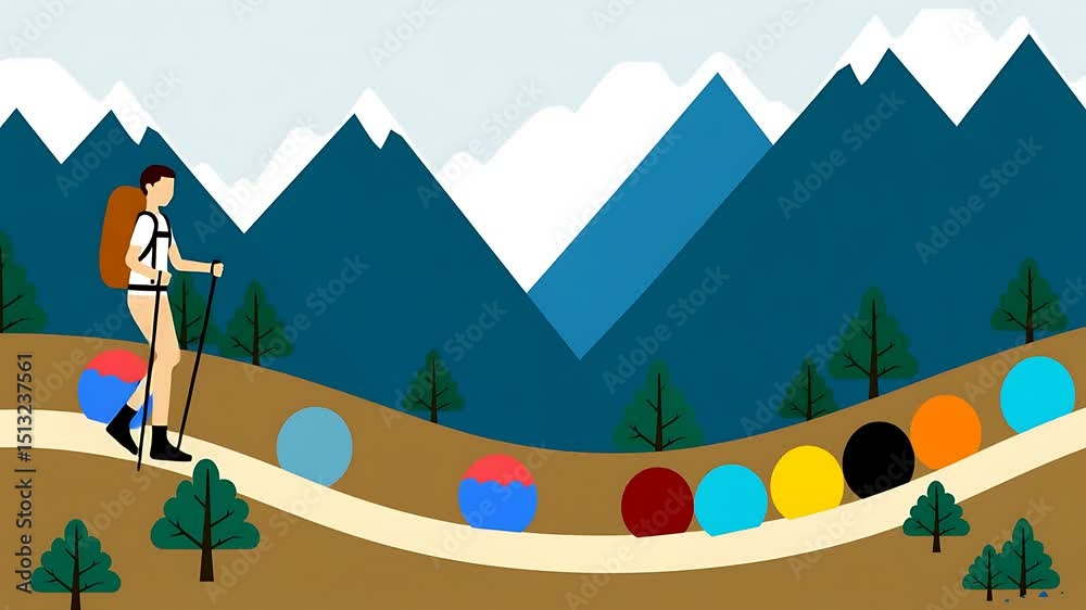 Hiker Ascending Mountain Path with Colorful Spheres Hiker Ascending Mountain Path with Colorful Spheres