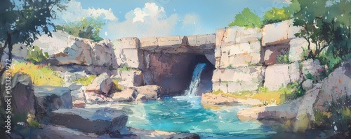 A serene stone bridge over a clear blue stream with surrounding rocks and lush greenery under a bright sky.