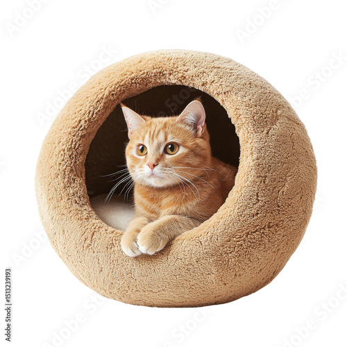 Cozy cat bed with orange tabby cat resting inside, showcasing comfort and warmth. Perfect for pet lovers seeking stylish and functional addition to their home