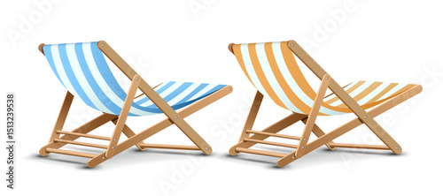 3D realistic beach chairs,deck chairs isolated on the white background.summer holiday objects and summer background design clip art element vector illustration.