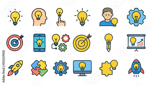 Innovation icons ideal for microstock sales. Graphics depict business and idea concepts. Perfect for tech and startup design projects.