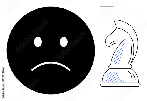 Black sad face next to a chess knight piece, symbolizing conflict, obstacles, and tough decisions. Ideal for failure, strategy, challenge, emotional balance, decision-making conflict and planning