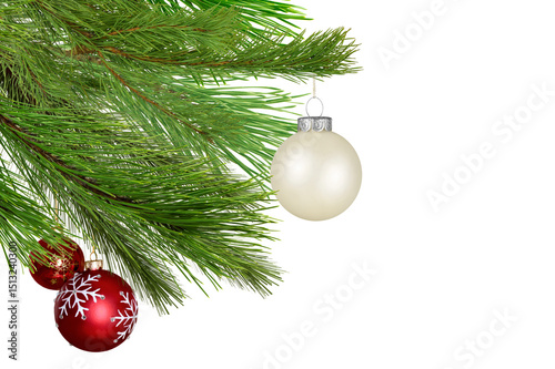 Obraz na plátně Festive christmas decorations frame, tree branches baubles on transparent backgr