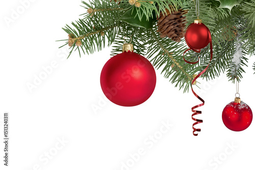 Fototapeta Christmas frame with tree branches and baubles, transparent background design
