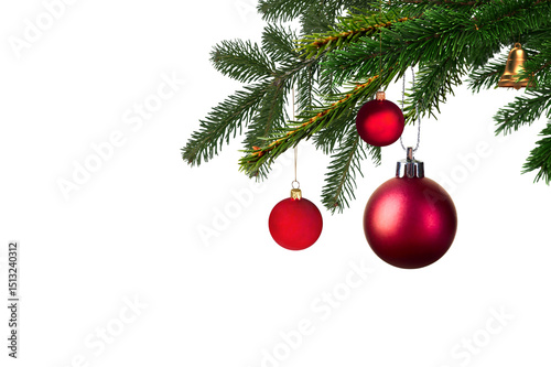 Obraz na plátně Tree branches and baubles christmas frame, isolated on transparent background fo