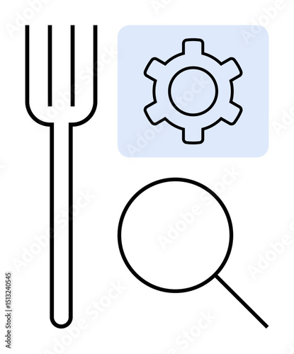 Fork, magnifying glass, and gear icon arranged for themes of food, exploration, and settings. Ideal for app development, user interface, technology, research food services problem-solving simple