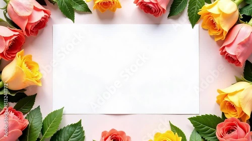 Elegant Peach and Yellow Roses Surround Blank Card Perfect for Wedding Invitations, Birthday Greetings, or Romantic Messages