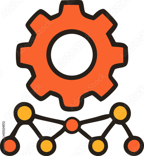 artificial-intelligFlat style icon of machine learning or artificial intelligence process. The image features an orange gear symbolizing automation or settings, combined with a connecence-icons-pack 1