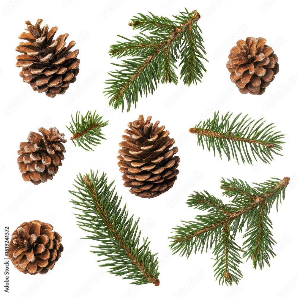 Christmas tree branches, pine cones, Detailed view of lush Christmas tree branches featuring pine cones, isolated on transparent background Christmas tree branches, pine cones, Detailed view of lush Christmas tree branches featuring pine cones, isolated on transparent background