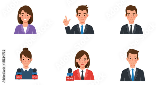 Six Cartoon People Business Professionals and News Reporters with Various Expressions