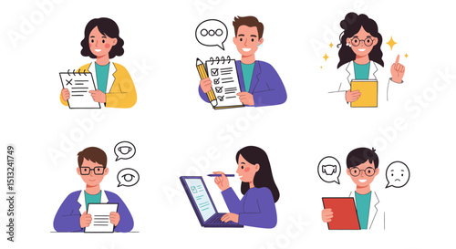 Six Cartoon People Holding Documents and a Laptop