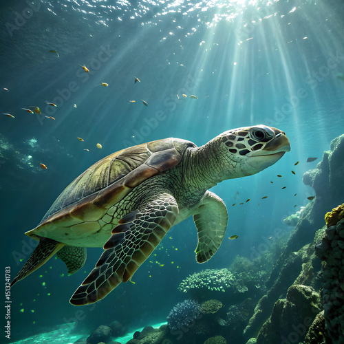 A close-up of a green sea turtle gracefully swimming underwater, showcasing its textured shell and peaceful movement through the clear, blue ocean environment