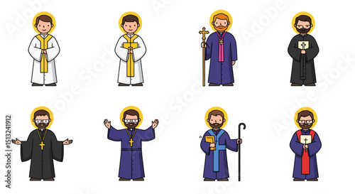 Cartoon depictions of various religious figures with halos and robes