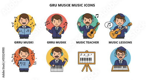 Cartoon Music Icons Musicians Instruments and Music Stand Illustrations