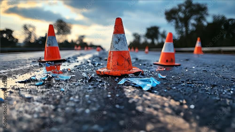 On a highway during dusk, orange traffic cones are placed around shattered glass from a recent accident. The scene reflects a peaceful yet somber atmosphere as the day ends.