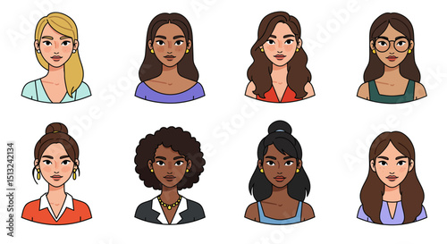 Eight diverse cartoon women with various hairstyles and clothing