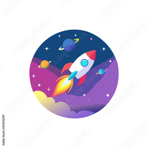 Flat Design Rocket in Space Icon