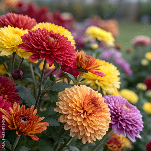 A vibrant bouquet of colorful chrysanthemums in full bloom, displaying rich hues of yellow, pink, orange, and red. 