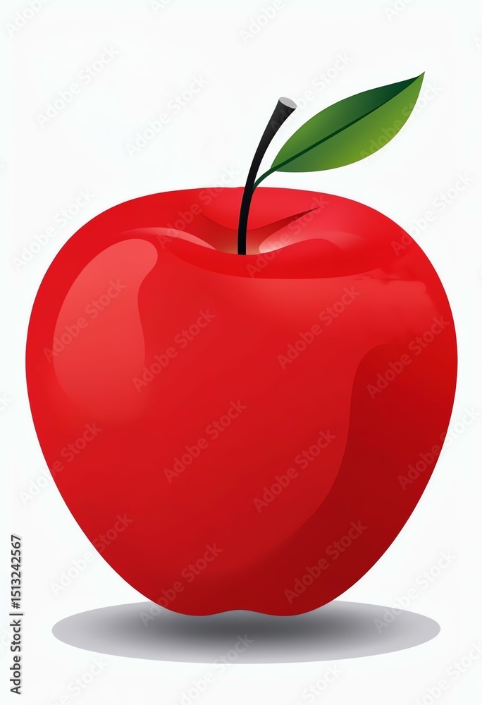 Obraz premium red apple with green leaf illustration, single leaf red apple artwork, fresh apple fruit drawing
