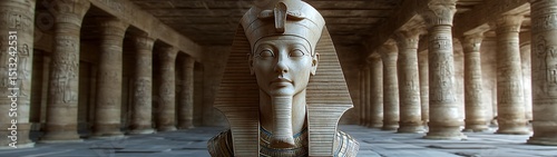 Ancient Egyptian statue in a colonnaded hall